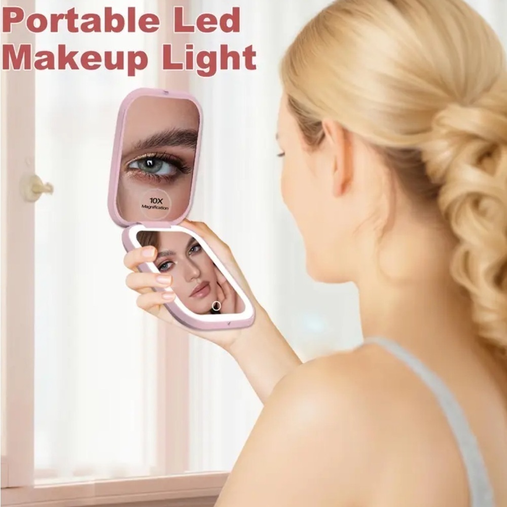 Compact Makeup Mirror 10X Magnification Portable LED Pink - Picture 7 of 10